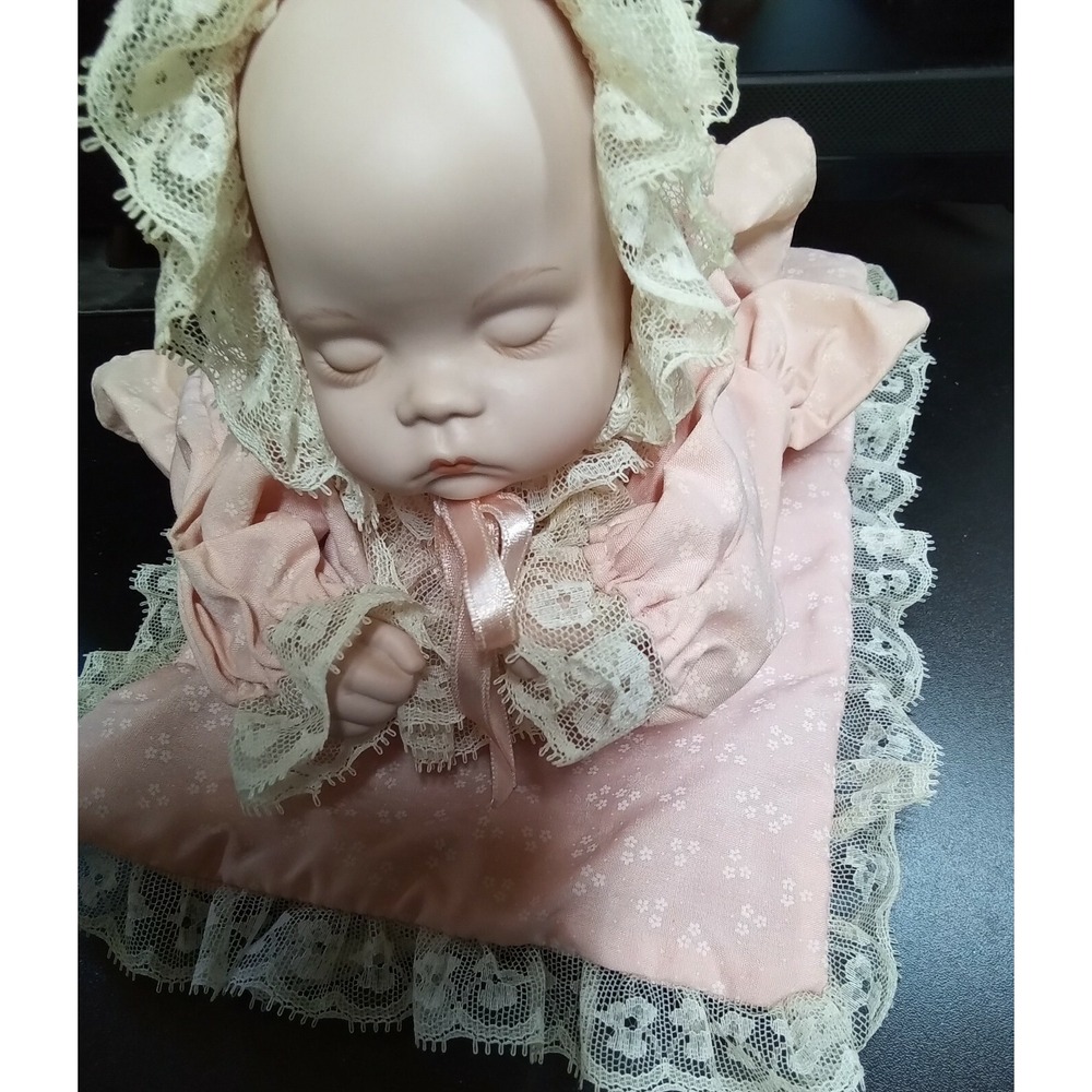 Vintage Our Own Import Porcelain Sleeping Baby Doll Pink‎ Lace Bonnet Pillow